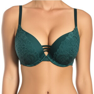 SOMA Bra Womens Size 38DDD Dark Green Plunge Push Up Lace Strappy Gore